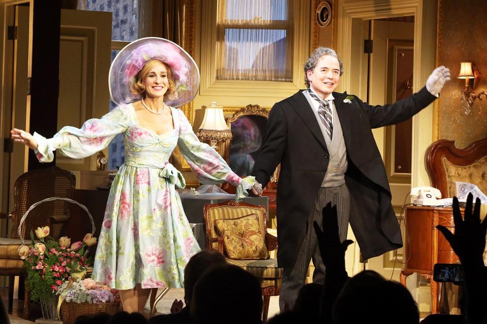 Sarah Jessica Parker as "Nora Hubley" and Matthew Broderick as "Roy Hubley" take their first curtain call for Neil Simon's "Plaza Suite" on Broadway at The Hudson Theatre on February 25, 2022 in New York City.