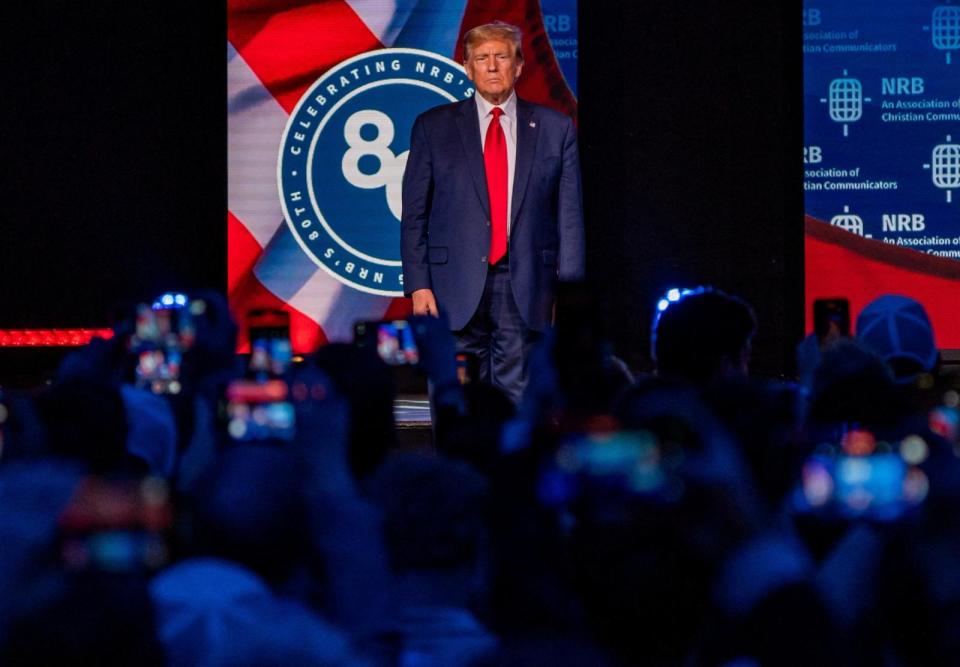 PHOTO: Former President Donald Trump addresses the 2024 National Religious Broadcasters Association International Christian Media Convention, as part of the NRB Presidential Forum in Nashville, TN, Feb. 22, 2024.   (Seth Herald/Reuters/FILE)