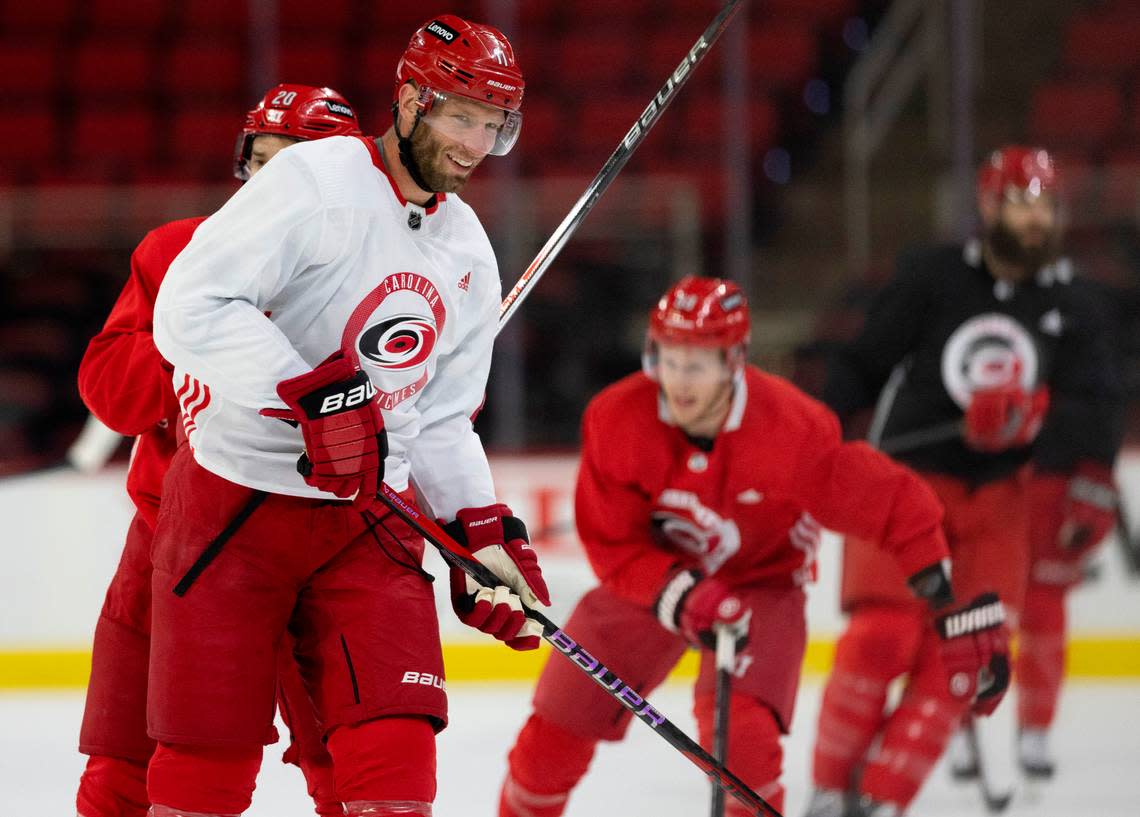 Carolina Hurricanes captain Jordan Staal (11) smiles during practice on Thursday, May 2, 2024 at PNC Arena in Raleigh, N.C. Robert Willett/rwillett@newsobserver.com