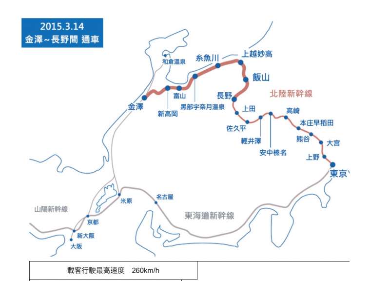 北陸新幹線的運行區域。（JR西日本官網）