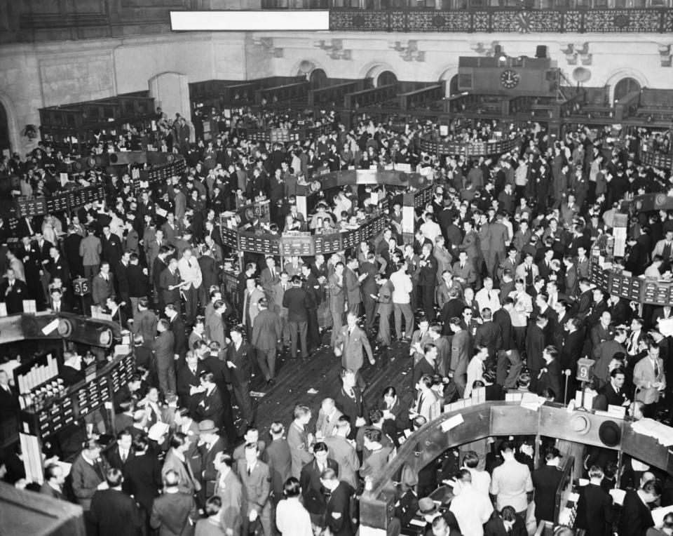 <div class="inline-image__caption"><p>Panorama of the New York Stock Exchange. Photograph, 1940's. </p></div> <div class="inline-image__credit">Bettmann/Getty</div>