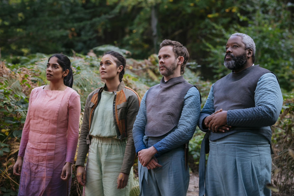 Amarna Karan as Indira Mare, Emma McDonald as Bella Sway, Dominic Monaghan as Paul Sarno and Kadeem Hardison as Arlo - Moonhaven _ Season 1, Episode 4 - Photo Credit: Szymon Lazewski/AMC