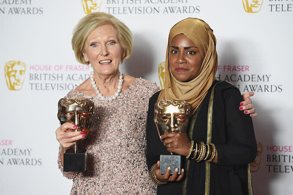 Bake Off queens: Judge Mary Berry,last year's winner Nadiya Hussain pose with the show's Bafta awards (Getty Images/PA)