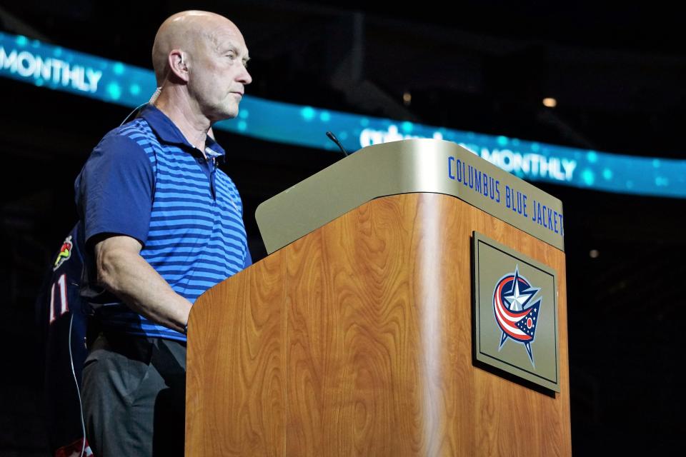 Blue Jackets general manager Jarmo Kekalainen prepares to announce one of the team's three first-round draft picks from Nationwide Arena.