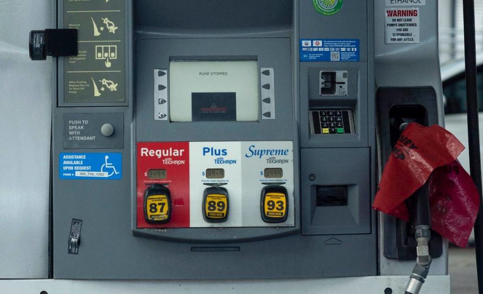 “Pump Stopped” said on all pumps at a Chevron gas station on NW 95th Street in Miami Shores on Sunday, April 16, 2023.