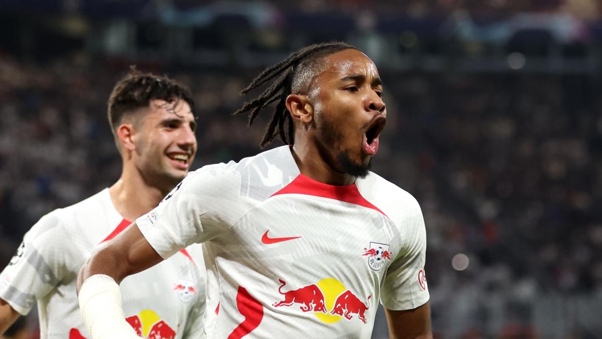   Christopher Nkunku of RB Leipzig celebrates scoring 