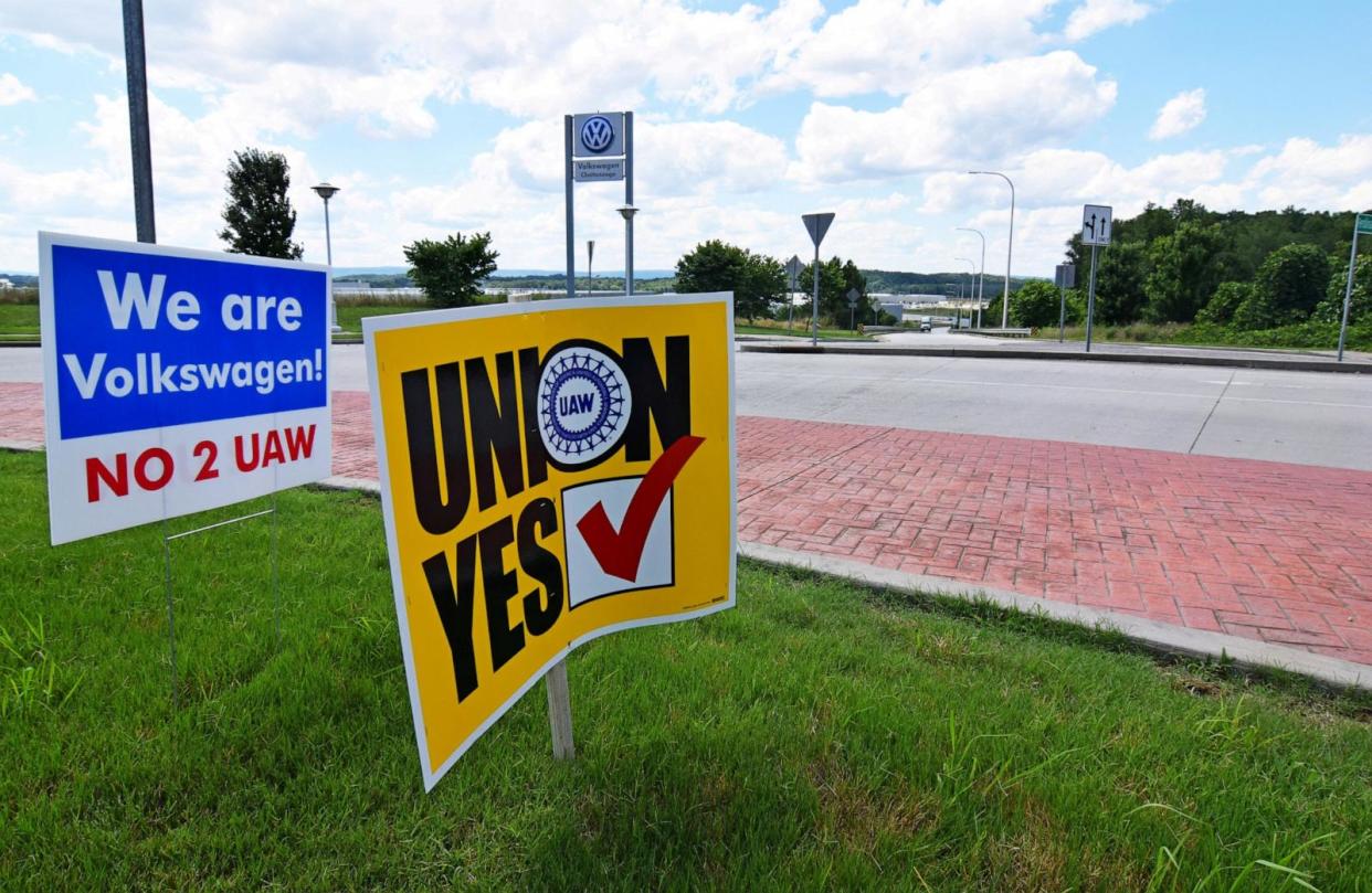PHOTO: In this file photo, signs stand outside a Volkswagen plant during a vote among local workers over whether or not to be represented by the United Auto Workers union in Chattanooga, TN, June 13, 2019.  (Nick Carey/Reuters/FILE)