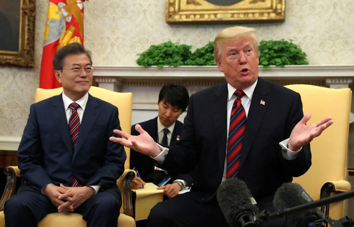 US President Donald Trump with South Korea’s President Moon Jae-In in the Oval Office. Photo: Reuters