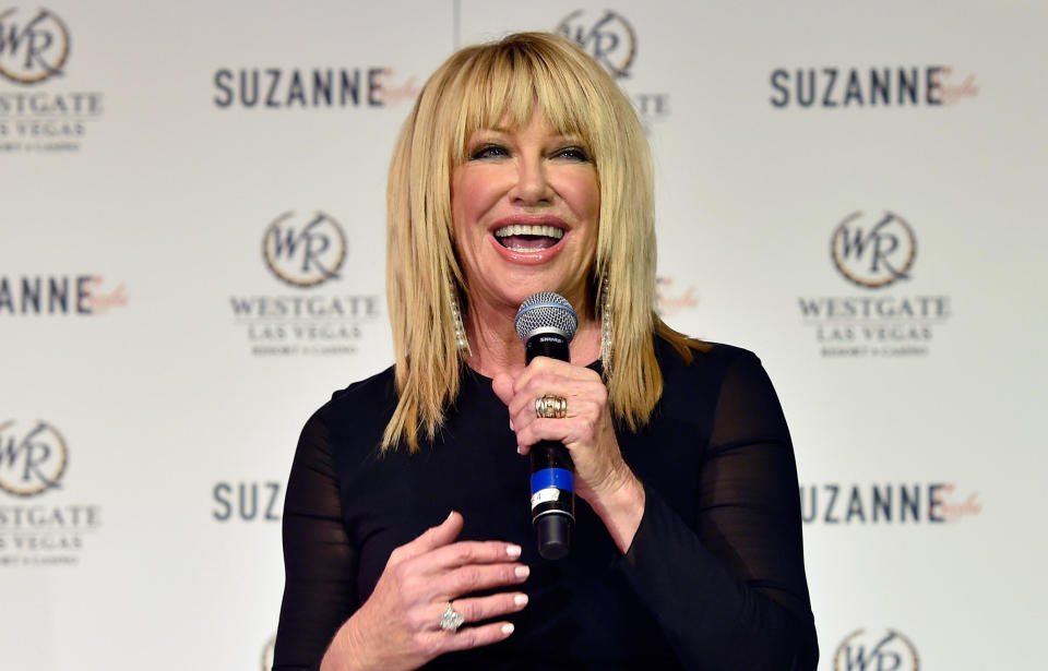 Suzanne Somers speaks at a news conference announcing her residency, 