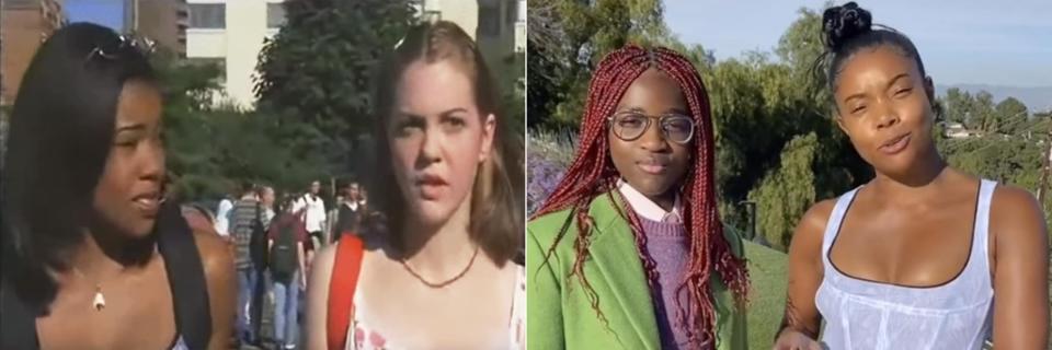 The iconic scene from "10 Things I Hate About You" next to Zaya Wade and Gabrielle Union's re-creation. (Photo: Buena Vista Pictures/gabunion/TikTok)