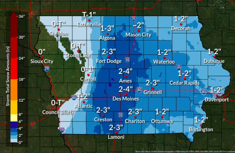 Up to 4 inches of snow is expected across Iowa between Monday, Nov. 14 and Wednesday, Nov. 16.