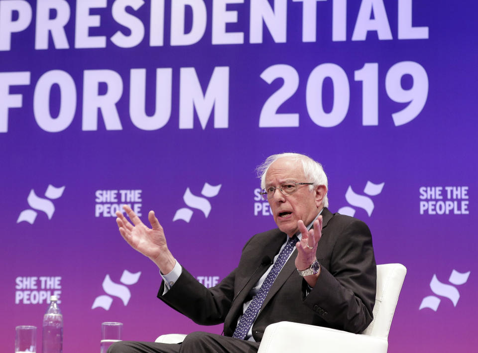 Democratic presidential candidate Sen. Bernie Sanders, independent-Vt., answers questions during a presidential forum held by She the People on the Texas State University campus Wednesday, April 24, 2019, in Houston. (Photo: Michael Wyke/AP)