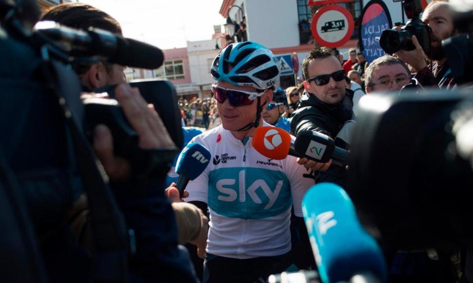 Chris Froome talks to the media prior to the first stage of the Ruta del Sol in southern Spain.