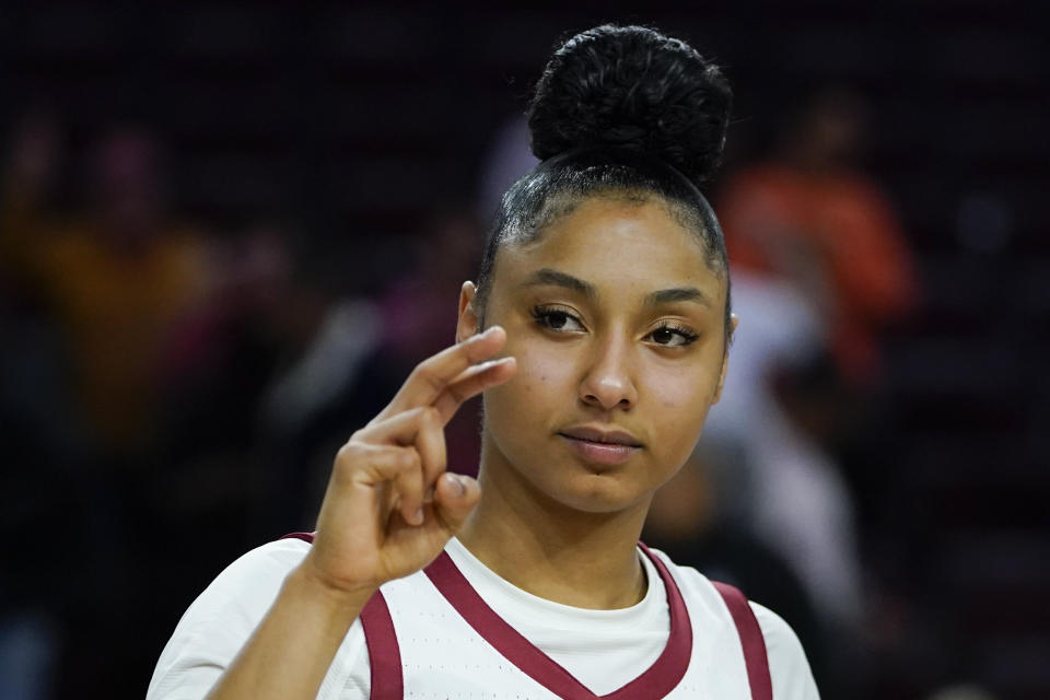 Southern California guard JuJu Watkins celebrates after an NCAA college basketball game against Cal Poly, Tuesday, Nov. 28, 2023, in Los Angeles. (AP Photo/Ryan Sun)