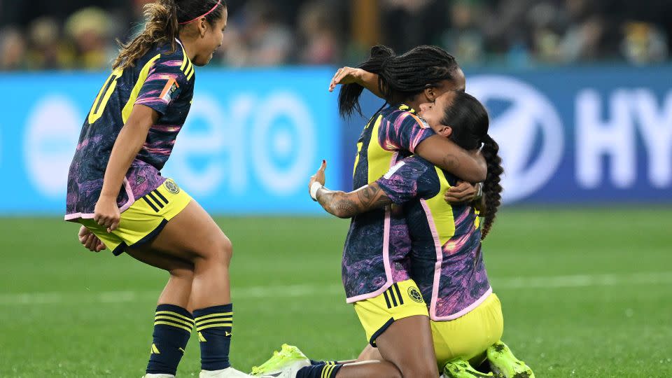 Colombia players celebrate after the team's 1-0 victory against Jamaica at the Women's World Cup. - Quinn Rooney/Getty Images AsiaPac/Getty Images