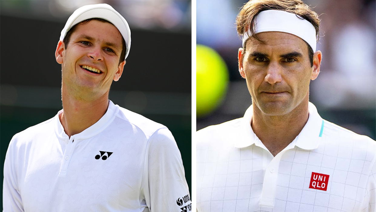 Hubert Hurkacz (pictured left) reacting during Wimbledon and (pictured right) Roger Federer catching a ball.