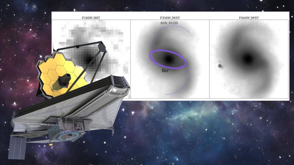  An illustration of the James Webb Space Telescope overlays a diagram of the barred galaxies and both of these are seen on top of a background of space. 