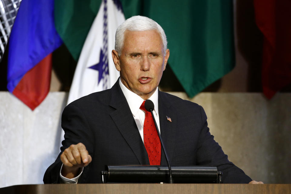 Vice President Mike Pence speaks at the 49th Washington Conference on the Americas, Tuesday, May 7, 2019, at the U.S. State Department in Washington. (AP Photo/Patrick Semansky)