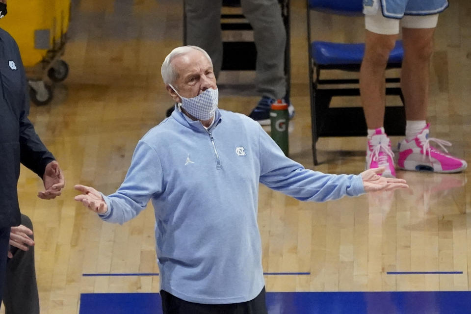 North Carolina head coach Roy Williams as his team plays against Pittsburgh during an NCAA college basketball game, Tuesday, Jan. 26, 2021, in Pittsburgh. (AP Photo/Keith Srakocic)