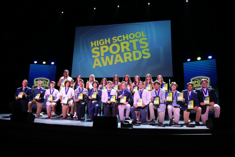 The 2022 Seacoast All-Star Sports Awards winners gather on stage at The Music Hall in Portsmouth on Monday, June 20.
