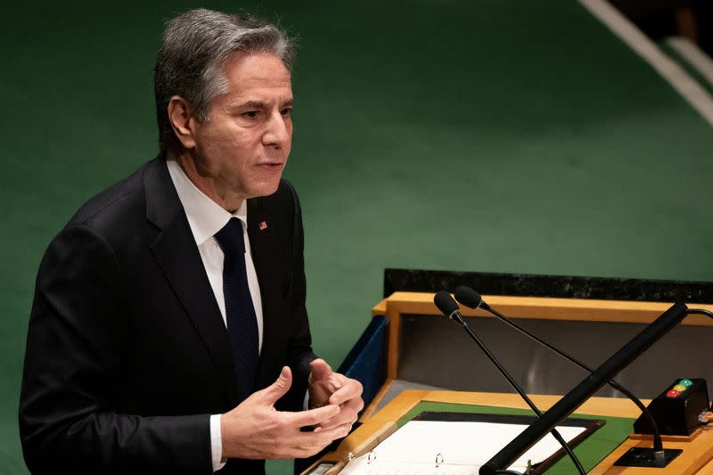 FOTO DE ARCHIVO: El secretario de Estado de Estados Unidos, Antony Blinken, se dirige a la Asamblea General de las Naciones Unidas en Nueva York