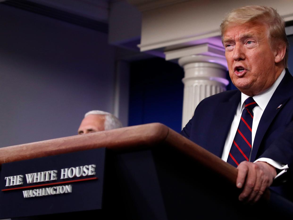 President Donald Trump speaks about the coronavirus in the James Brady Press Briefing Room, Friday, March 27, 2020, in Washington. (AP Photo/Alex Brandon)