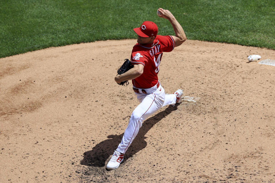 Cincinnati Reds' Sonny Gray throws during the fourth inning of a baseball game against the Chicago White Sox in Cincinnati, Wednesday, May 5, 2021. (AP Photo/Aaron Doster)