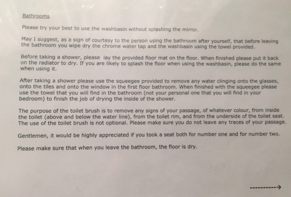 The bizarre guidelines to using the bathroom were posted to Twitter. Photo: Twitter/ianhickton