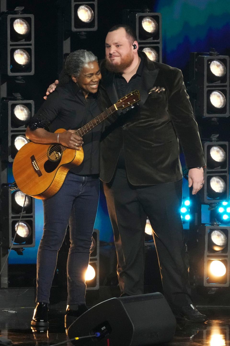 Tracy Chapman and Luke Combs hug after performing "Fast Car" on Feb. 4 during the 66th annual Grammy Awards at Crypto.com Arena in Los Angeles.