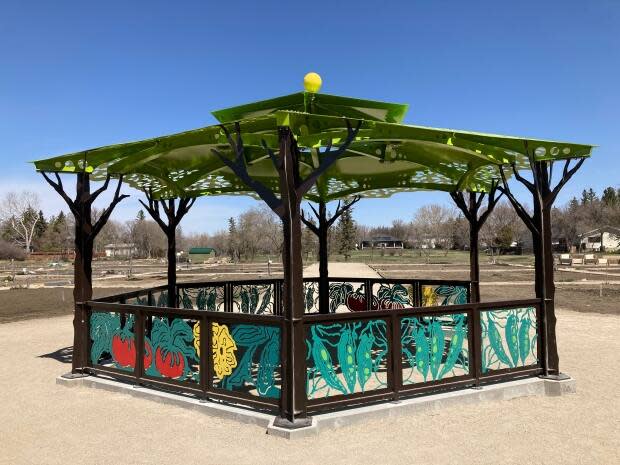 The gazebo has different plants around the bottom and leaves at the top.  (Matt Duguid/CBC - image credit)