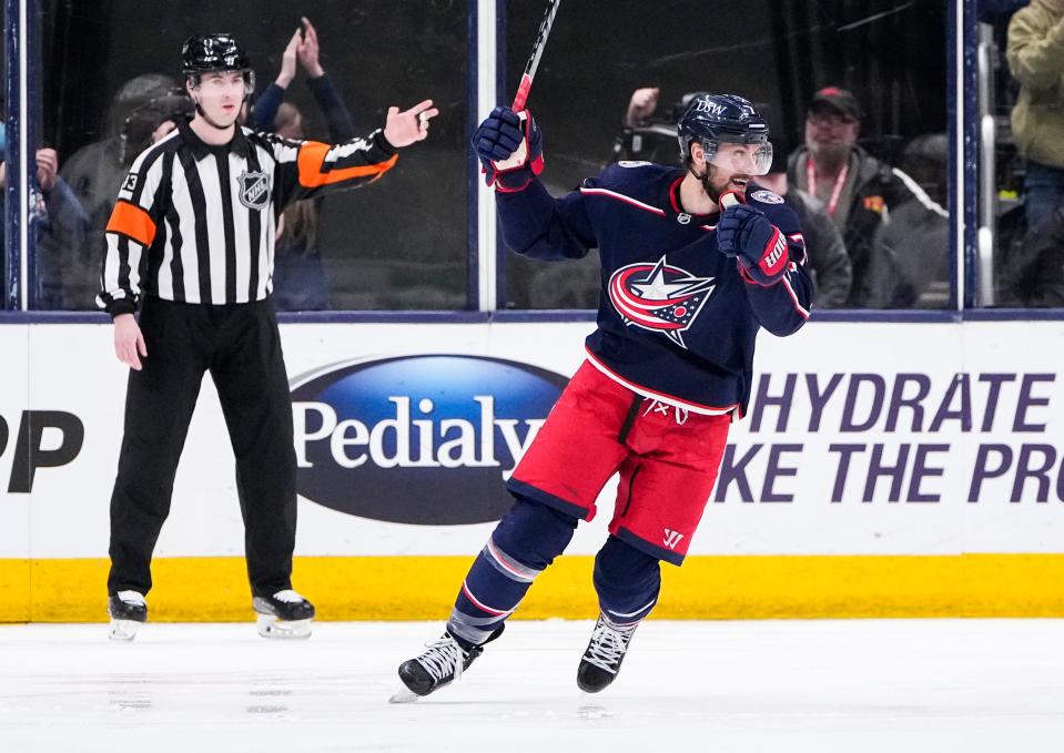 Columbus Blue Jackets center Sean Kuraly (7) celebrates a goal during the second period of the NHL hockey game against the Toronto Maple Leafs at Nationwide Arena in Columbus on March 7, 2022. 