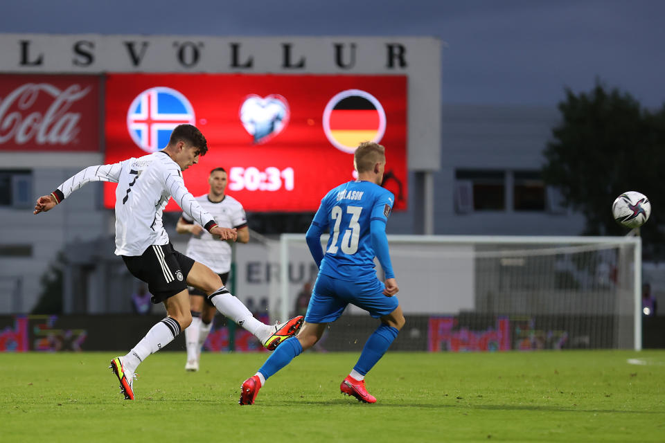 REYKJAVIK, ICELAND - SEPTEMBER 08: Kai Havertz of Germany is challenged by Ari Skulason of Iceland during the 2022 FIFA World Cup Qualifier match between Iceland and Germany at Laugardalsvollur National on September 08, 2021 in Reykjavik, Iceland. (Photo by Alex Grimm/Getty Images)