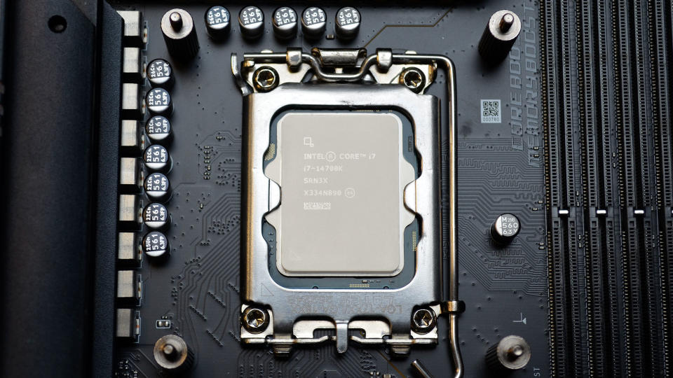 An Intel Core i7-14700K slotted into a motherboard