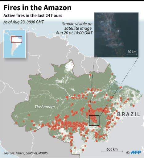 Map showing fires in the Amazon over the last 24 hours, with a satellite image showing smoke in the region