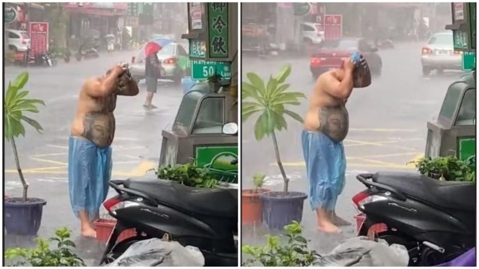 一名男子在大雨中洗頭，有網友看了戲稱這是有故事的男人。(圖／翻攝自臉書社團「台灣新聞記者聯盟資訊平台」)