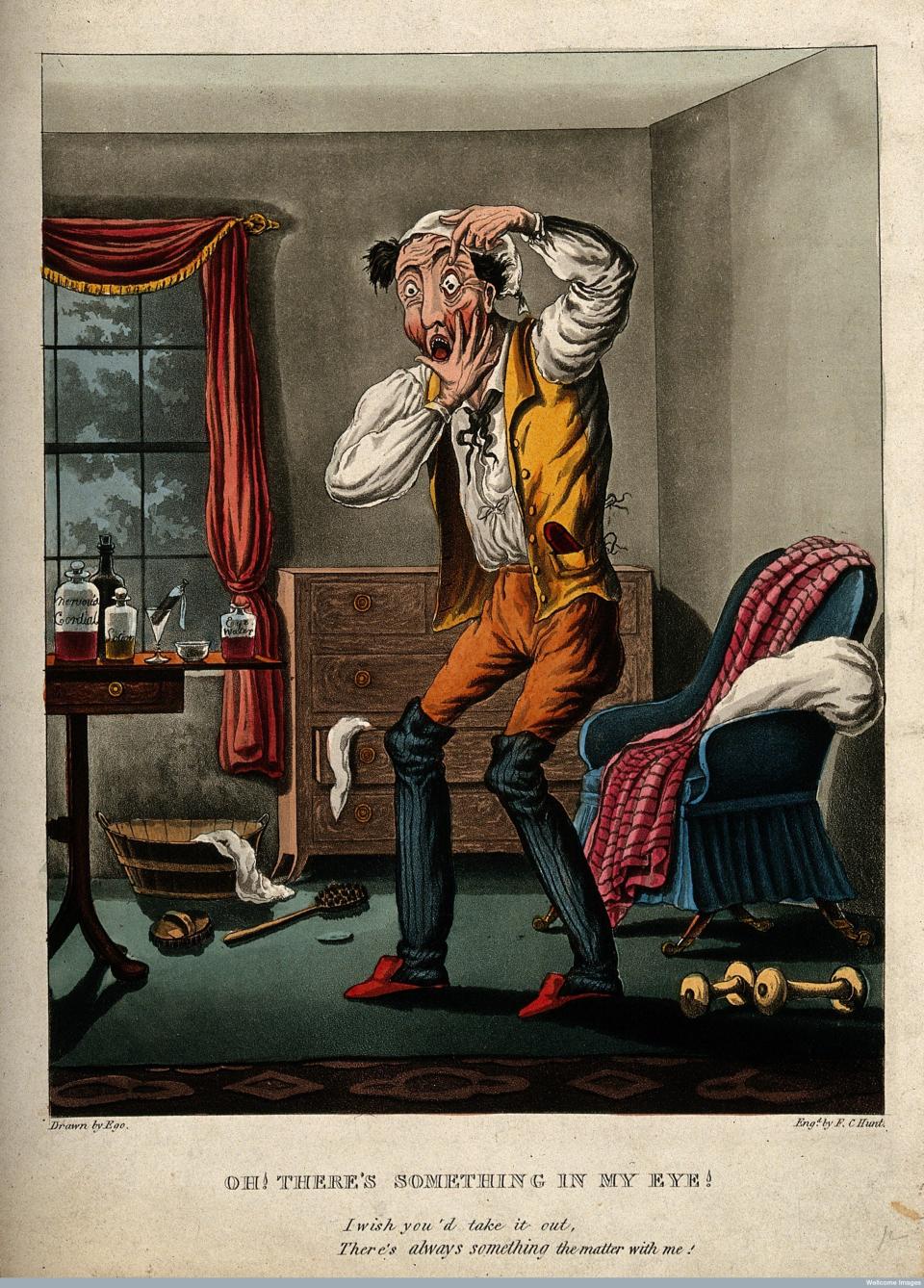 A hypochondriac with something in his eye. Colored aquatint by F.C. Hunt after Ego. 