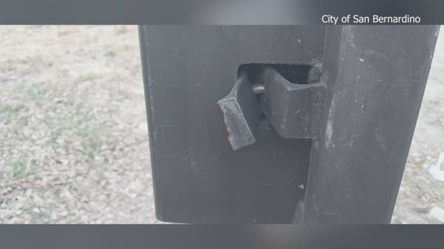 The cemetery's gate lock had been pried open. (City of San Bernardino)