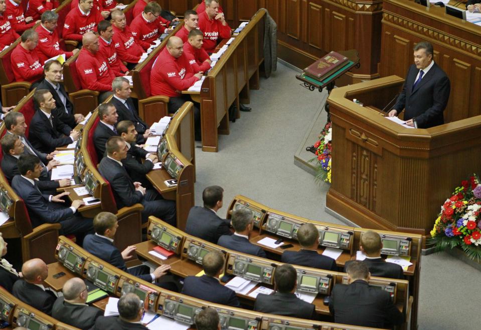 File photo of Ukrainian President Yanukovych addressing deputies during a new session of the Parliament in Kiev