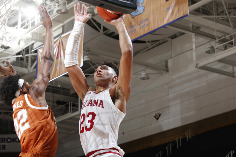 Indiana Hoosiers forward Trayce Jackson-Davis (4) takes a shot against Texas Longhorns forward Kai Jones (22) during a game on Nov. 30. (Brian Spurlock/Icon Sportswire via Getty Images)