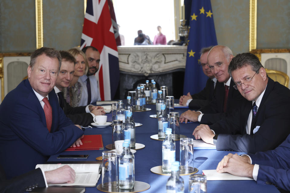 Lord Frost meets with EU Commission Vice President Maroš Šefčovič at Lancaster House Friday, Oct. 29, 2021 in London, England. Negotiating teams from the European Union and the United Kingdom are in talks to improve post-Brexit border rules. (Dan Kitwood/WPA Pool VIA AP)