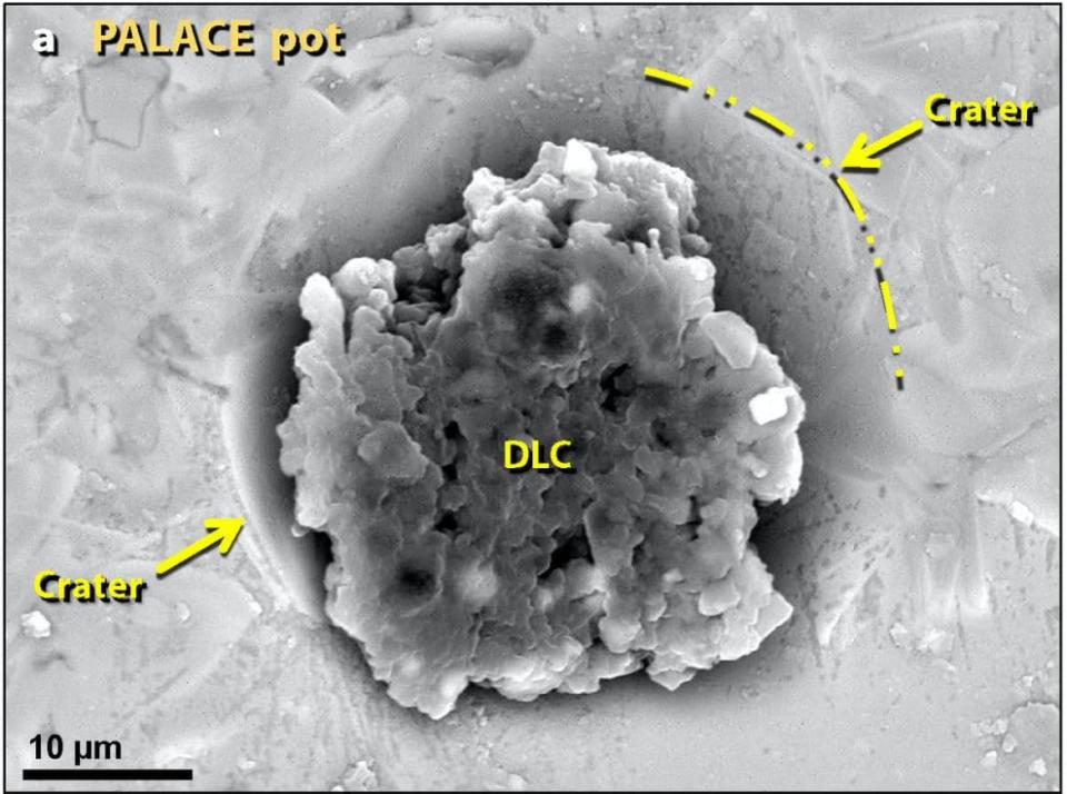 <div class="inline-image__caption"><p>Diamonoids (center) inside a crater were formed by the fireball’s high temperatures and pressures on wood and plants.</p></div> <div class="inline-image__credit">Malcolm LeCompte, CC BY-ND</div>