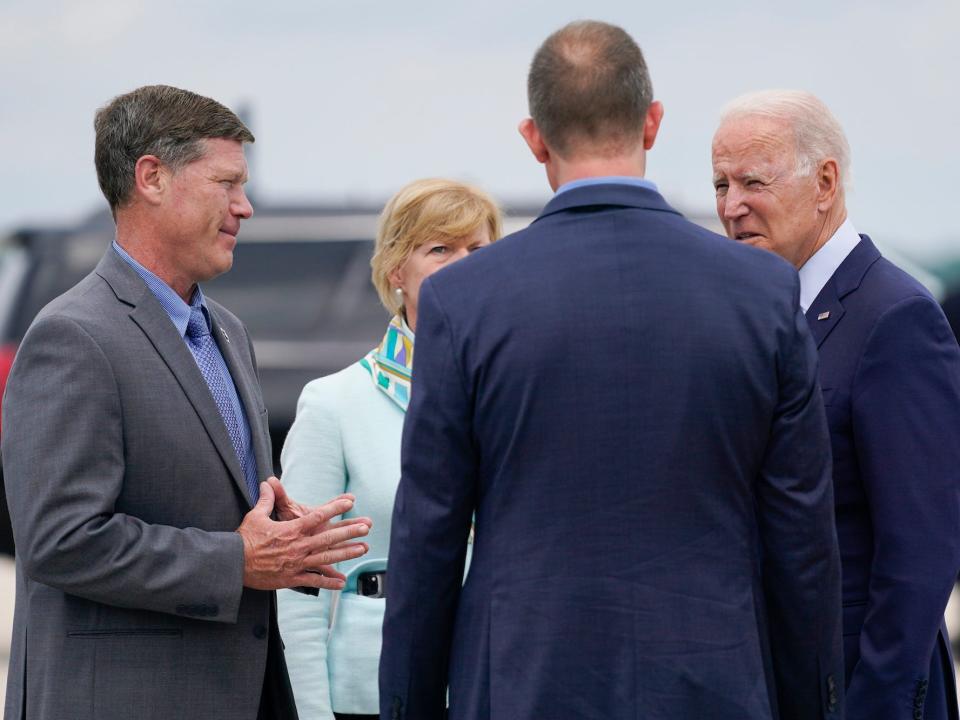 Democratic Rep. Ron Kind of Wisconsin greets President Joe Biden at an airport in La Crosse, Wisconsin on June 29, 2021.