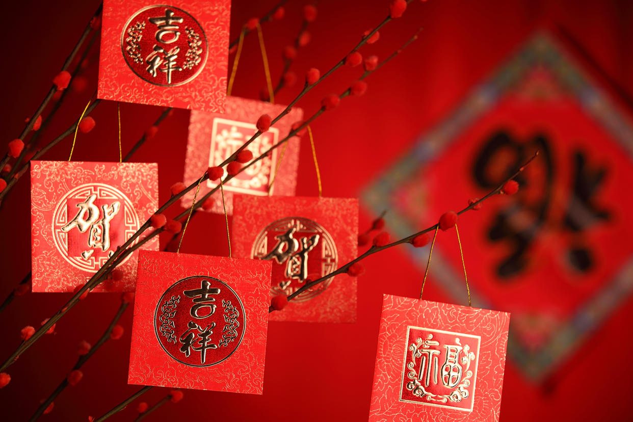 Chinese New Year Decoration--Red Packet on Plum Branch,Character on Packet Symbolizes Good Luck.