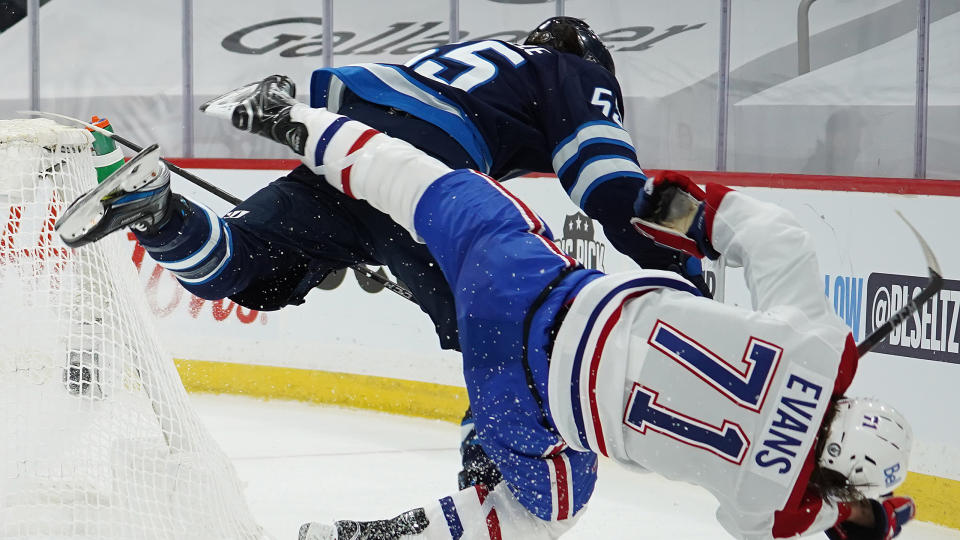 Winnipeg Jets forward Mark Scheifele has been suspended four games for his hit on Montreal Canadiens forward Jake Evans. (David Lipnowski/Getty Images)