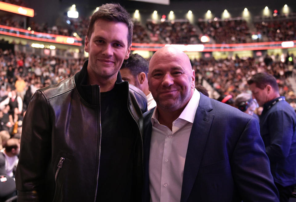 LAS VEGAS, NEVADA - JANUARY 18: Tom Brady poses for a photo with UFC president Dana White during the UFC 246 event at T-Mobile Arena on January 18, 2020 in Las Vegas, Nevada. (Photo by Chris Unger/Zuffa LLC via Getty Images)