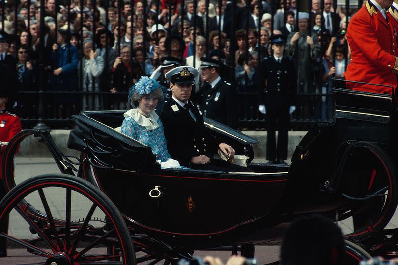 Lady Diana Spencer riding in a carriage with Prince Andrew at the Trooping the Colour in 1981