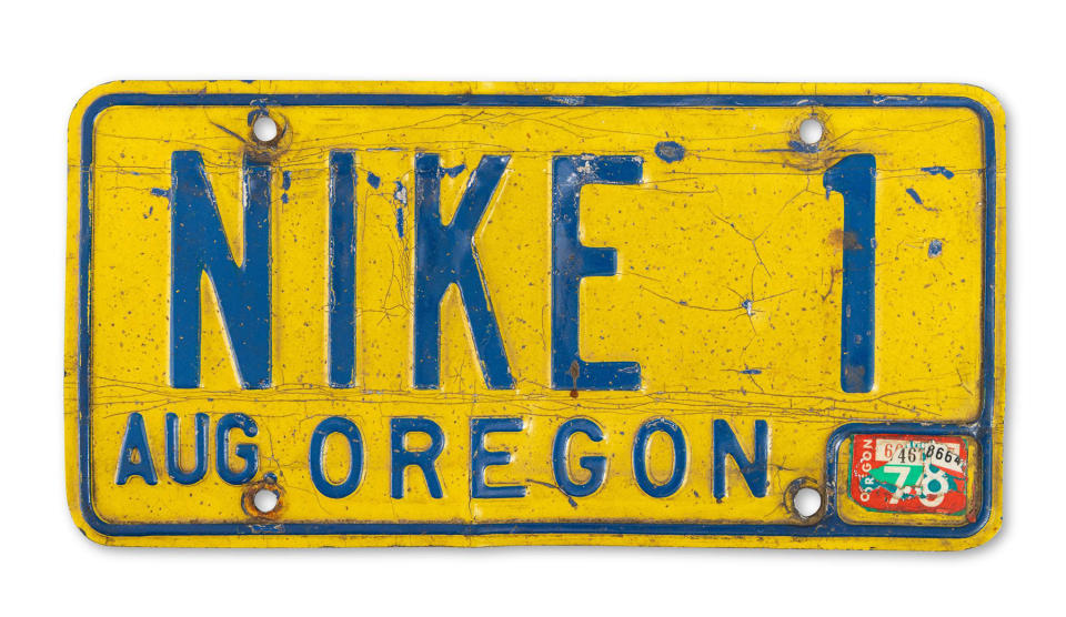 Nike, Sotheby's, license plate, auction, auction house, bidding, sneakers, license plate, Geoff Hollister, Steve Prefontaine