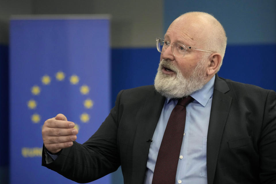 Executive Vice President of European Union Green Deal Frans Timmermans gestures as he speaks during an interview with The Associated Press in Jakarta, Indonesia, Monday, Oct. 18, 2021. Timmerman urged that developing nations cannot be left behind as the world moves towards greener methods. Timmermans spoke to The Associated Press ahead of the U.N. climate conference in Scotland that starts on October 31. (AP Photo/Dita Alangkara)