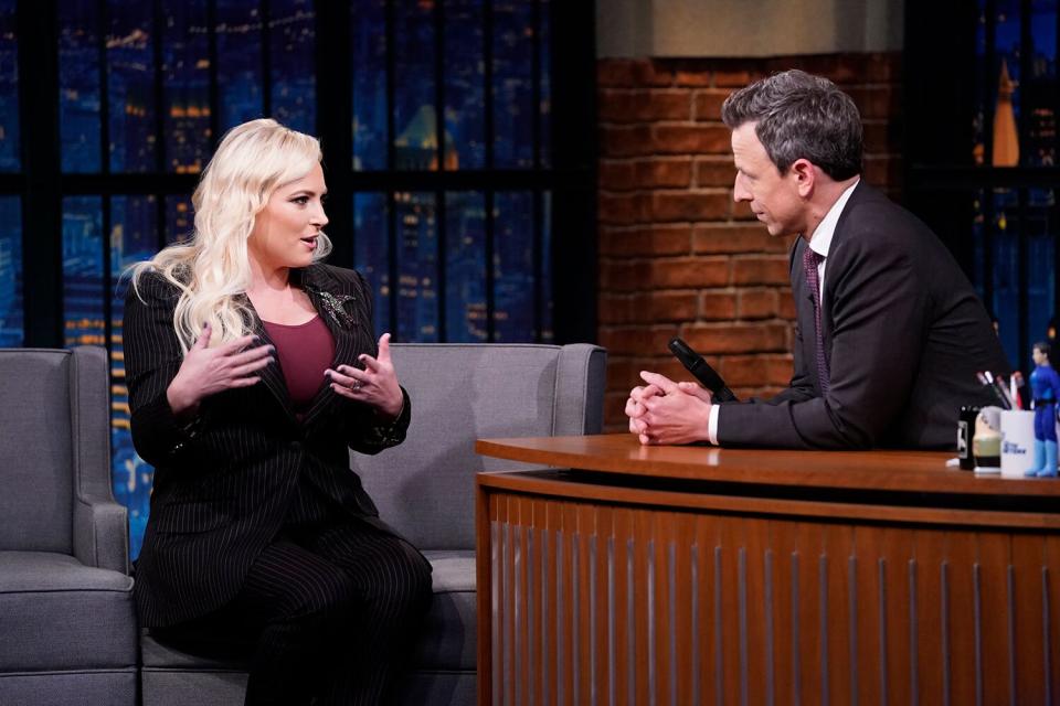LATE NIGHT WITH SETH MEYERS -- Episode 834 -- Pictured: (l-r) Meghan McCain during an interview with host Seth Meyers on May 7, 2019 -- (Photo by: Lloyd Bishop/NBCU Photo Bank/NBCUniversal via Getty Images via Getty Images)