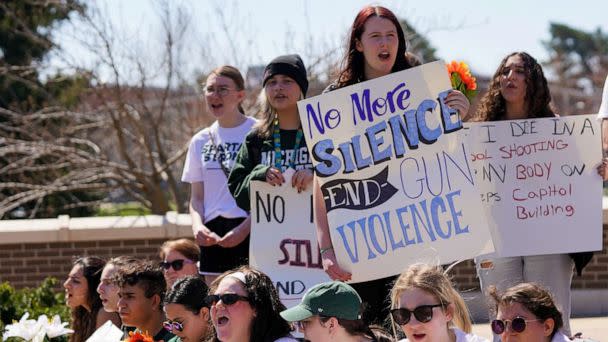 PHOTO: Students demonstrate next to the Spartan statue as they stand with others that have faced gun violence two months after a shooting at Michigan State University in East Lansing, Mich., April 12, 2023. (Dieu-nalio Chery/Dieu-Nalio Chery/Reuters)